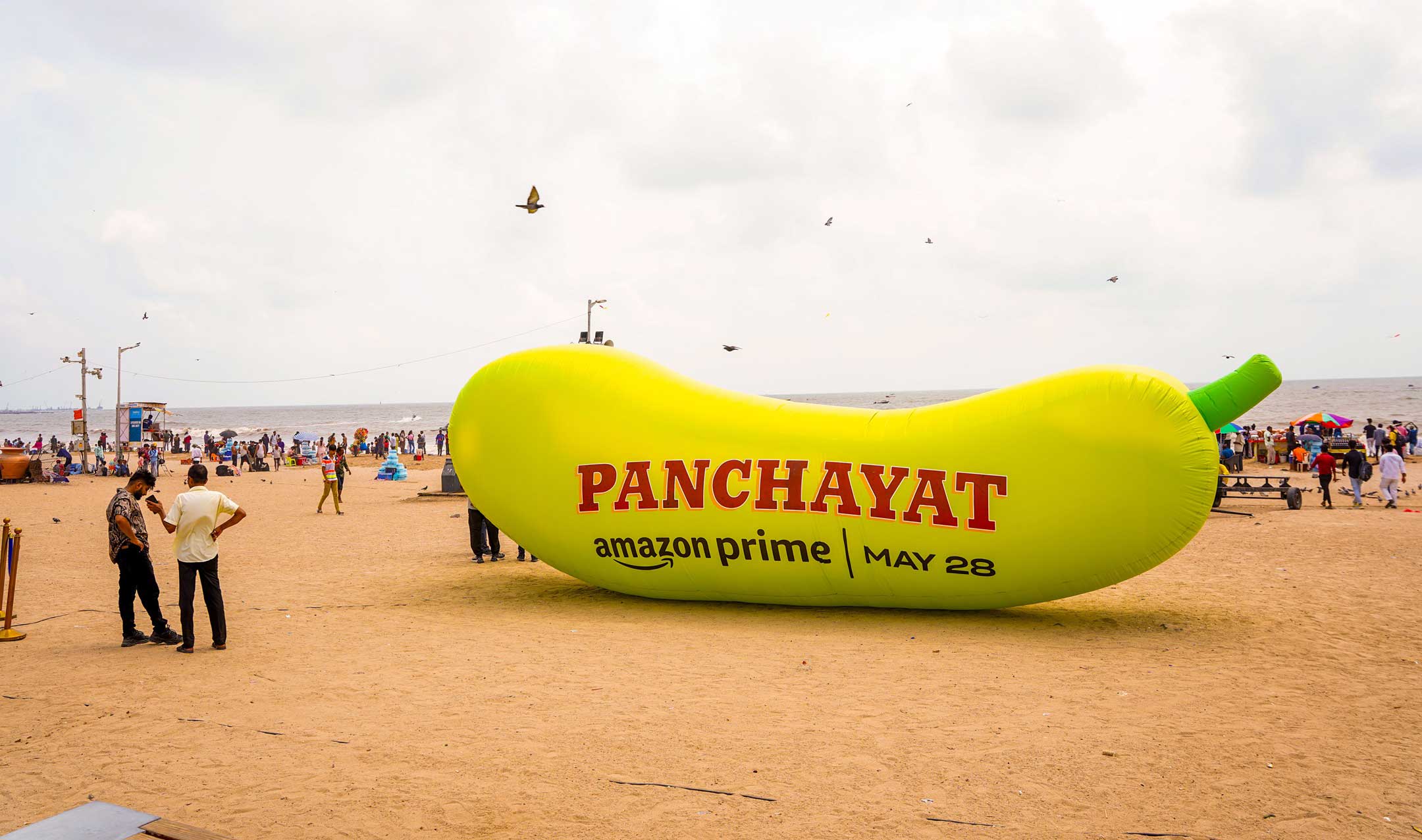 Prime Video's unique marketing for Panchayat Season 3 at Juhu Beach, featuring the iconic lauki inflatable.